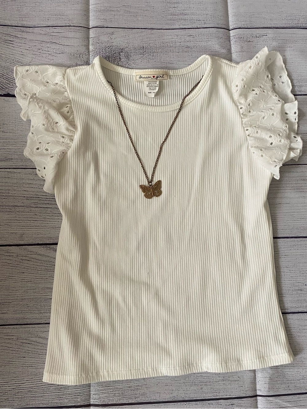 Dreamgirl Cream Ribbed Top with Eyelet Flutter Sleeves girls size 14/16